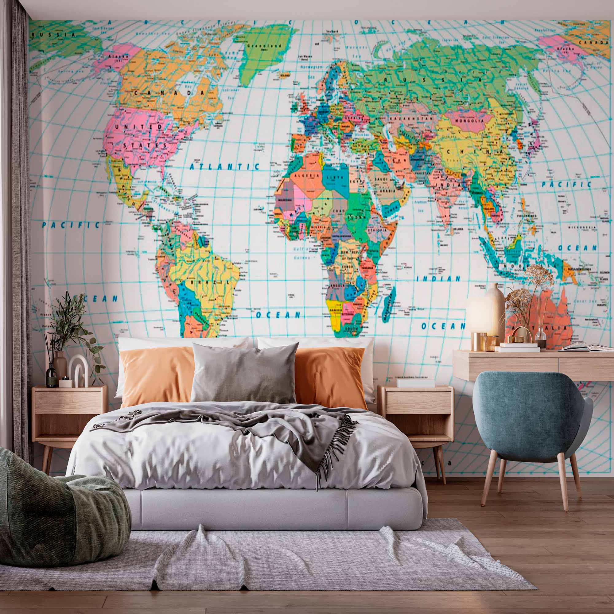 Vibrant Political World Map Wall Mural Wallpaper with Country Borders and Names