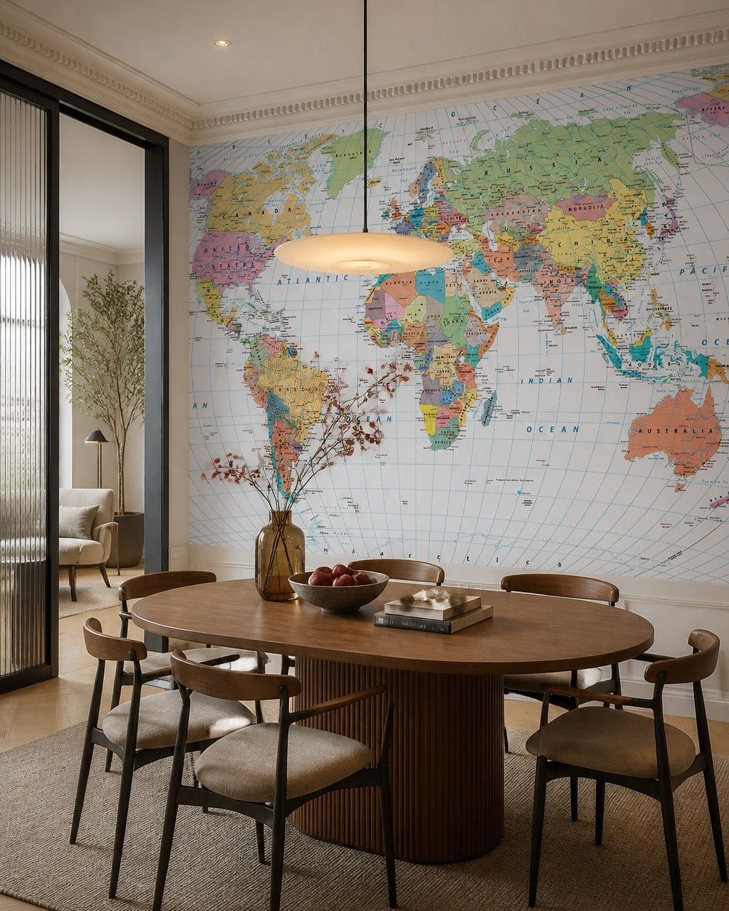 Political world map wallpaper in a refined dining area.