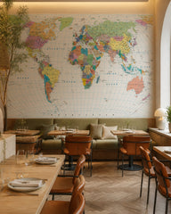 Political world map wallpaper in a restaurant.