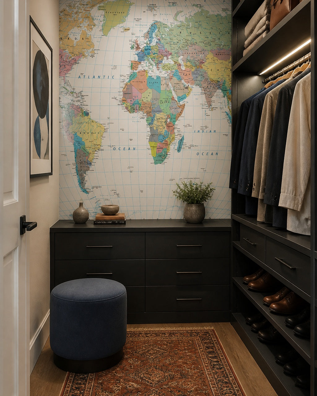 Political world map wallpaper in a walk-in wardrobe.