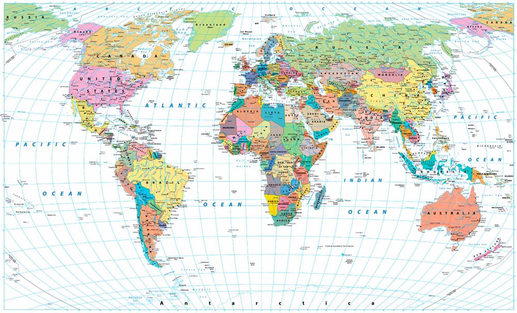 Vibrant Political World Map Wall Mural Wallpaper with Country Borders and Names