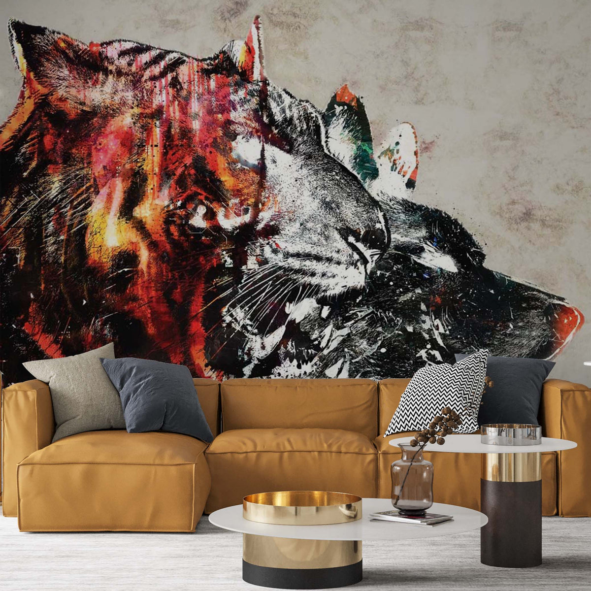 Tiger Wolf Portrait Wall Mural Agressive Wallpaper