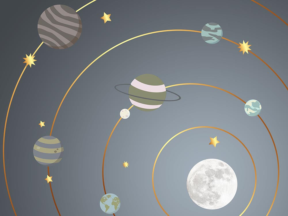 Moderne planeten in een baan, maan en sterren ruimte fotobehang