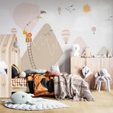 Kids Wall Murals Scandinavian Beige Mountains Lion Giraffe Balloon Wallpaper for Kids