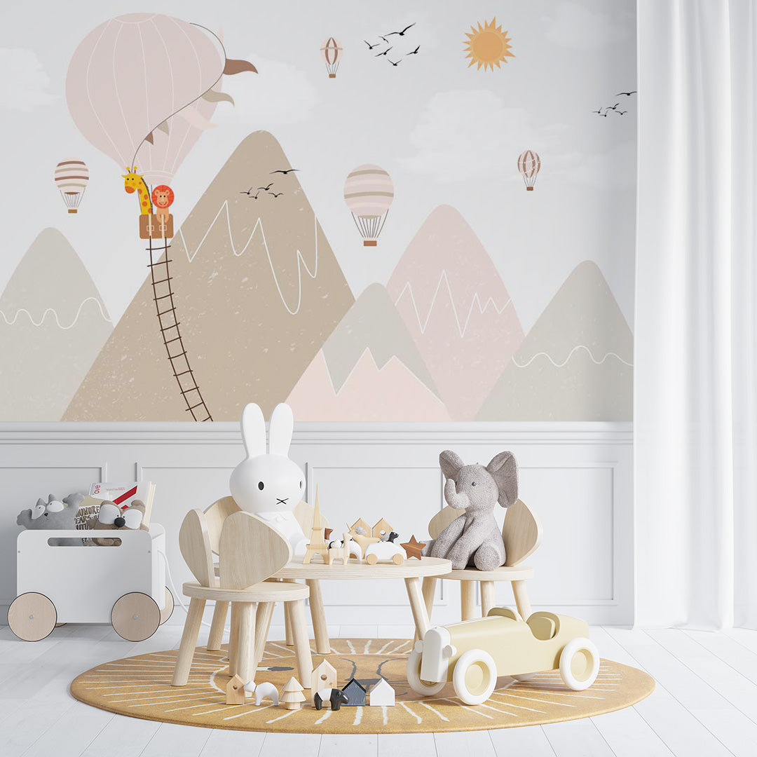 Kids Wall Murals Scandinavian Beige Mountains Lion Giraffe Balloon Wallpaper for Kids