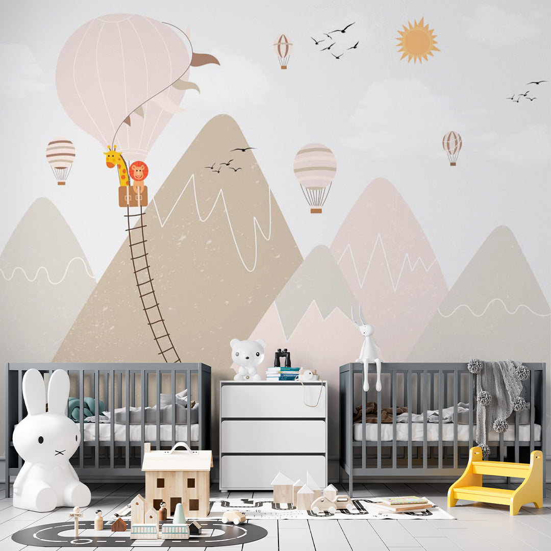 Kids Wall Murals Scandinavian Beige Mountains Lion Giraffe Balloon Wallpaper for Kids