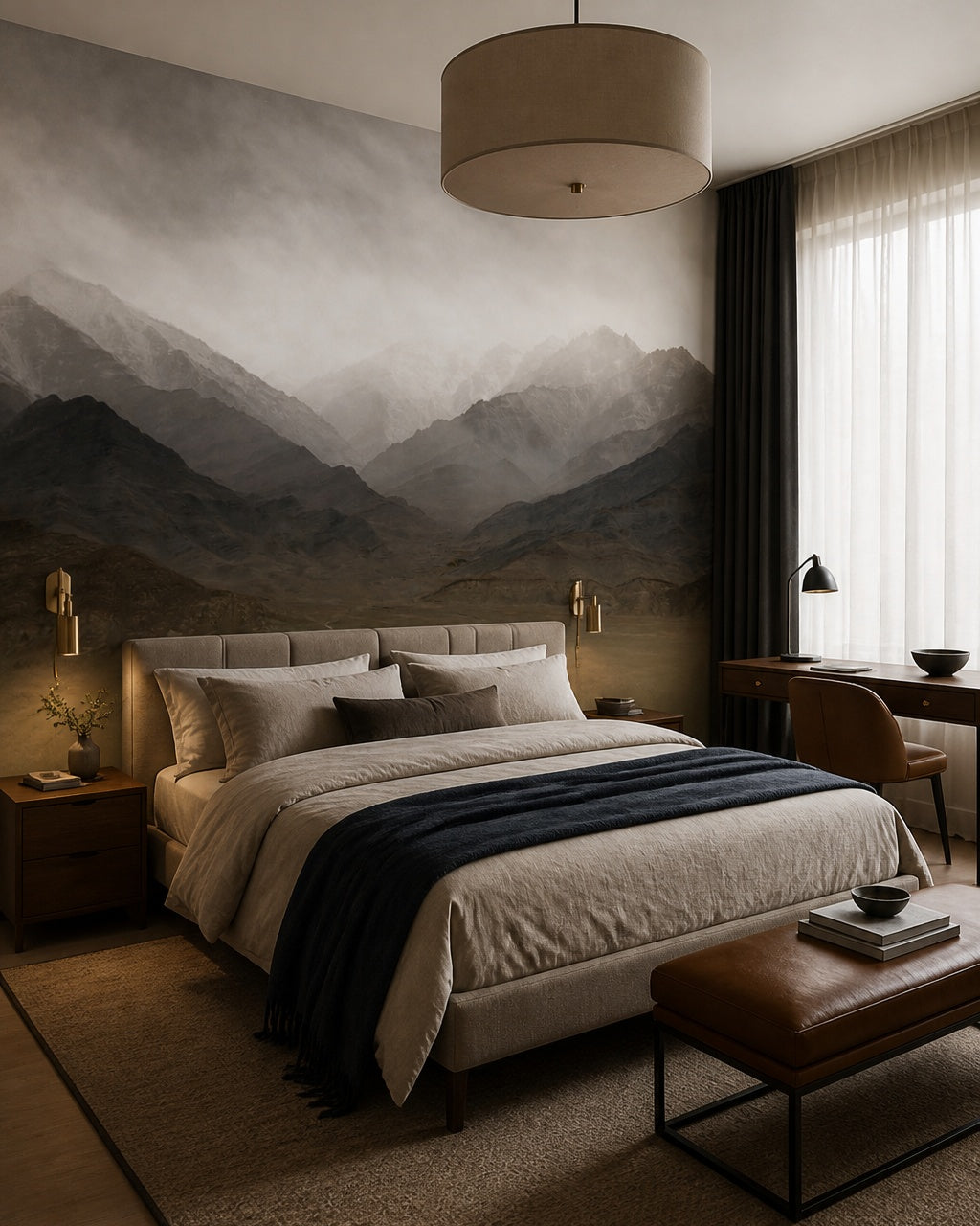 Misty mountain range wallpaper in a designer bedroom.