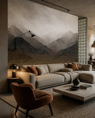 Misty mountain range wallpaper in a designer living room.