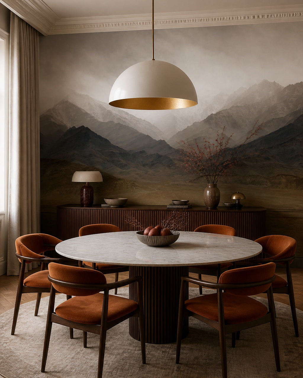 Misty mountain range wallpaper in a refined dining area.