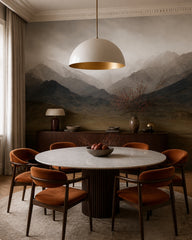 Misty mountain range wallpaper in a refined dining area.