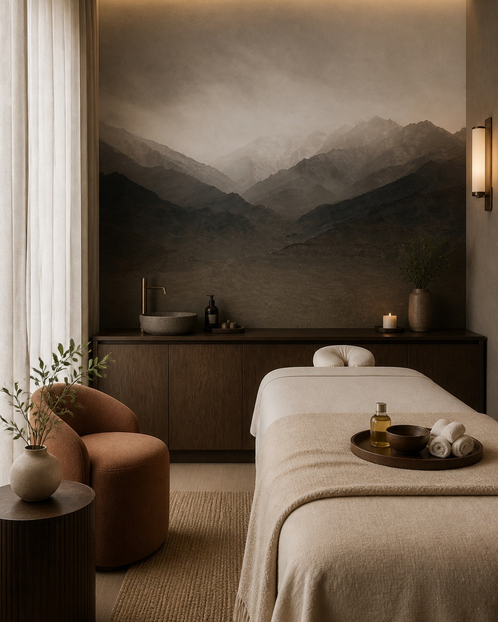 Misty mountain range wallpaper in a wellness spa.