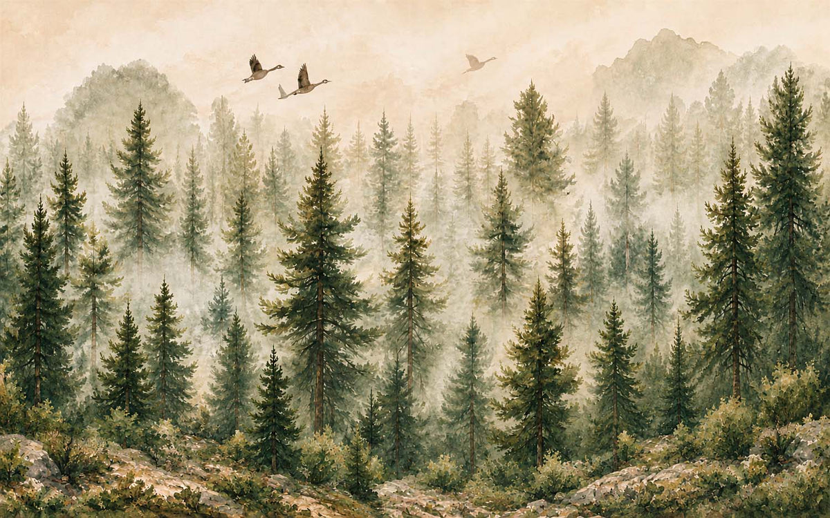 Dennenbos behang – groene sparren en nevelige heuvels fotobehang
