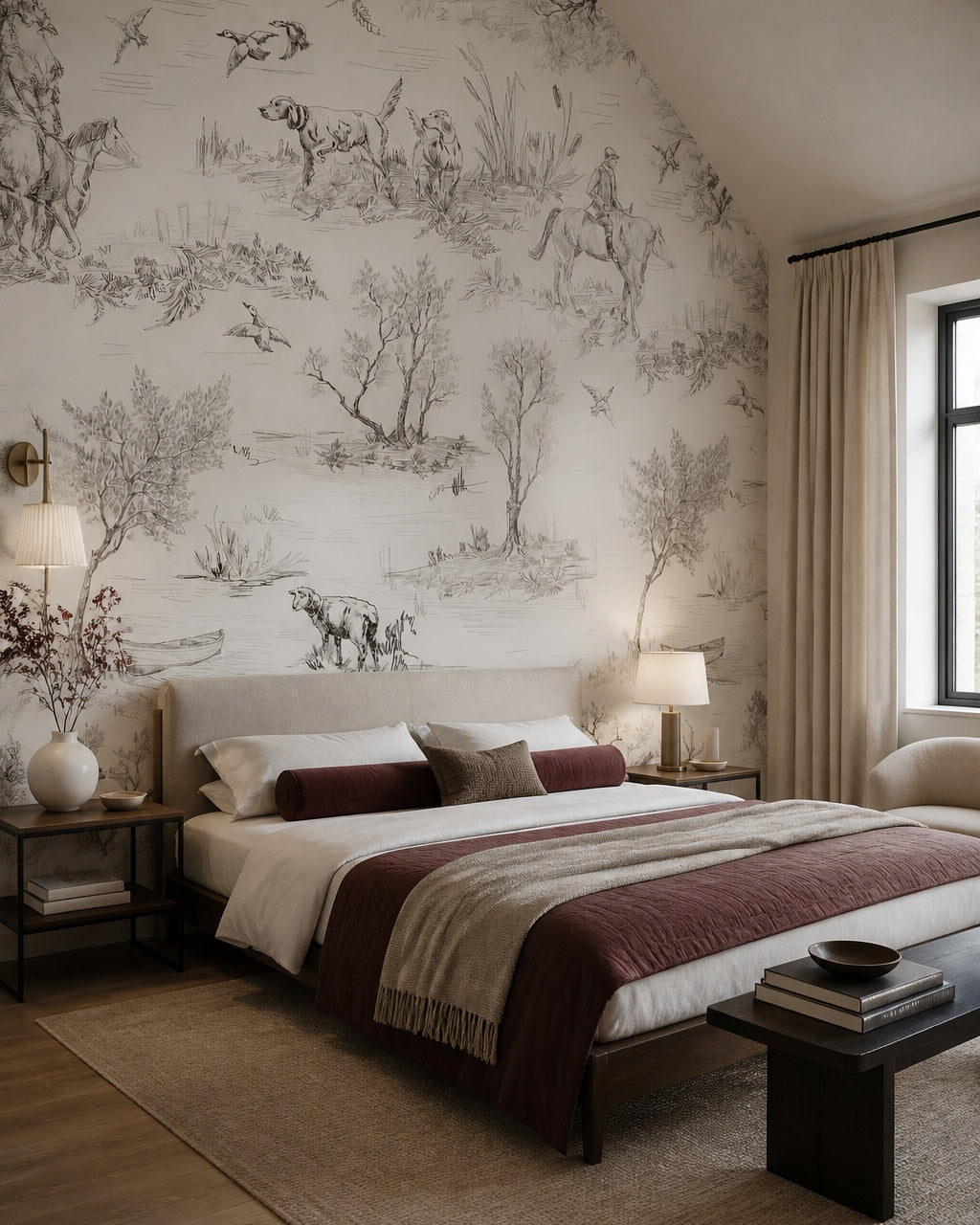 Countryside toile wallpaper in a designer bedroom.