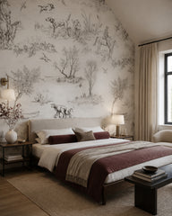 Countryside toile wallpaper in a designer bedroom.