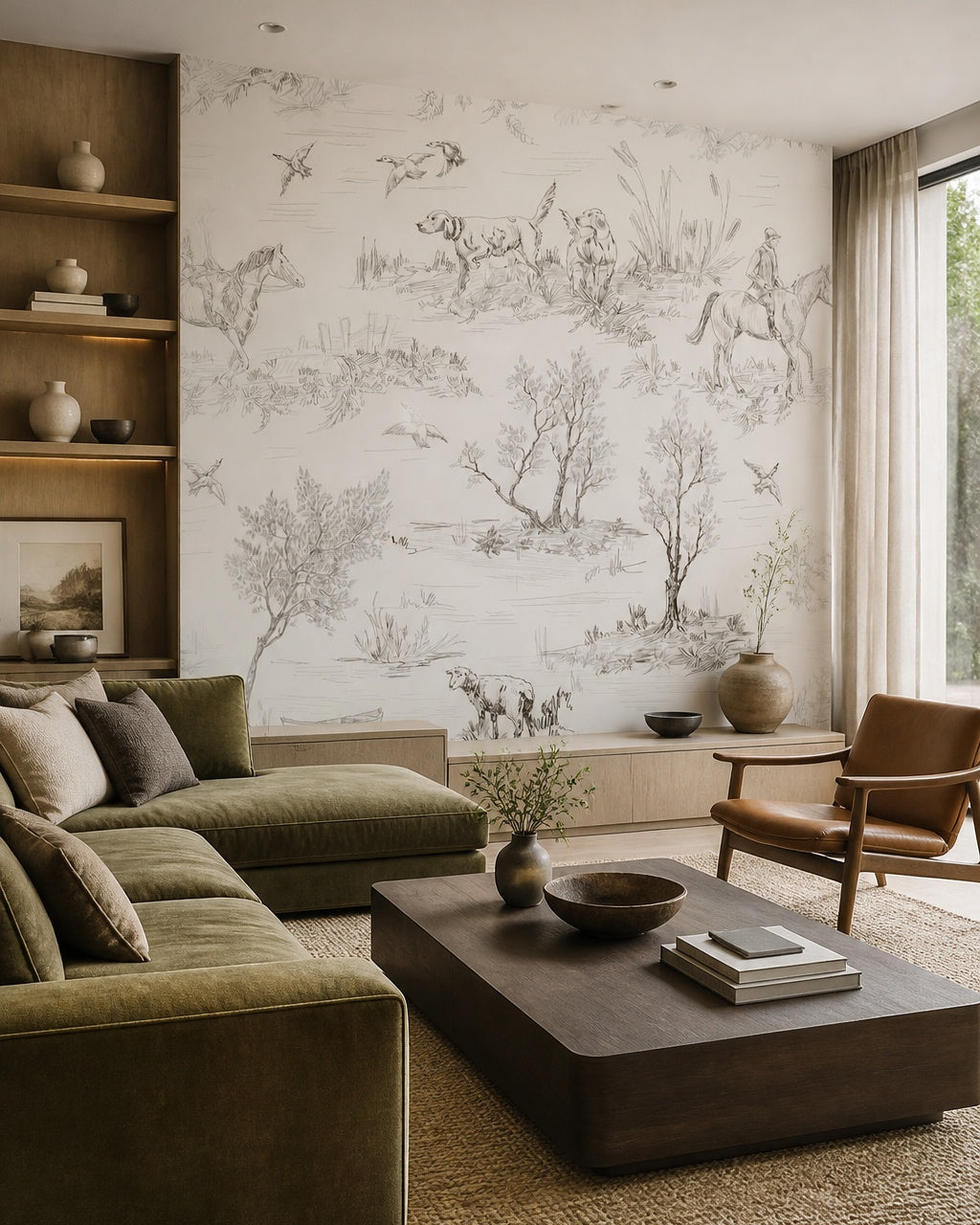 Countryside toile wallpaper in a designer living room.