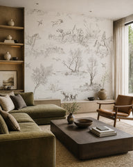 Countryside toile wallpaper in a designer living room.