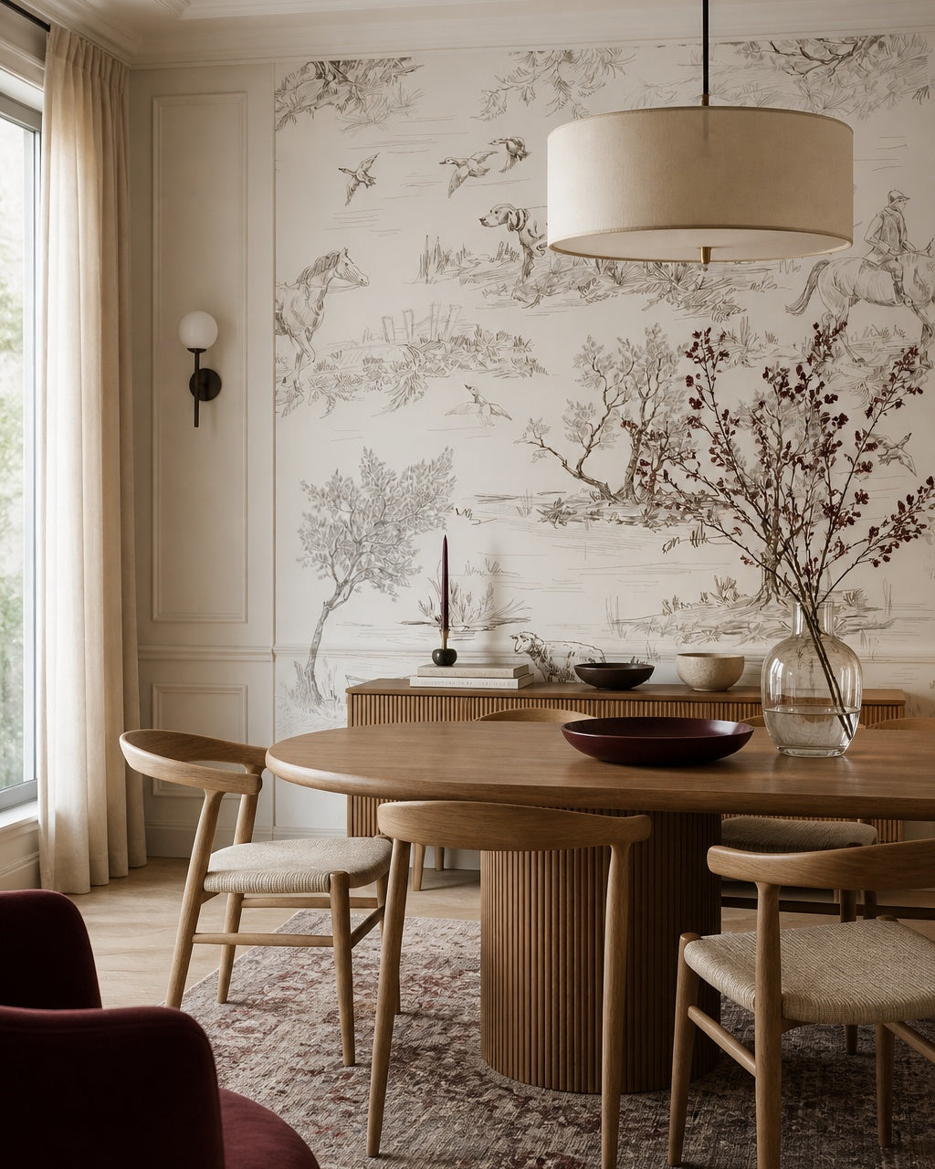Countryside toile wallpaper in a refined dining area.