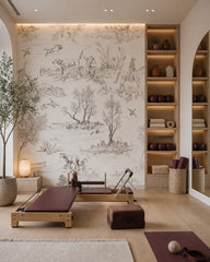 Countryside toile wallpaper in a fitness studio.