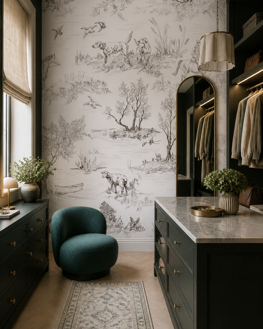 Countryside toile wallpaper in a dressing room.