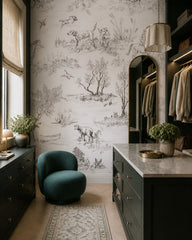 Countryside toile wallpaper in a dressing room.