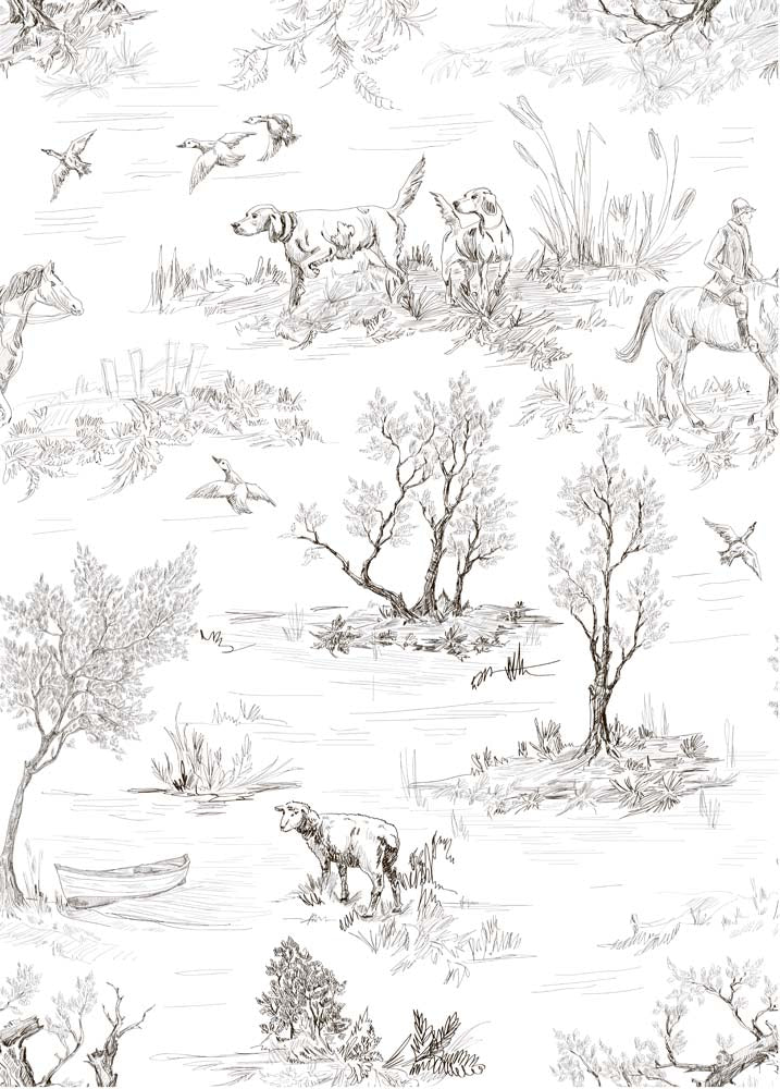 Rustic Countryside Toile Wall Mural Wallpaper - Vintage Pastoral Sketch Design