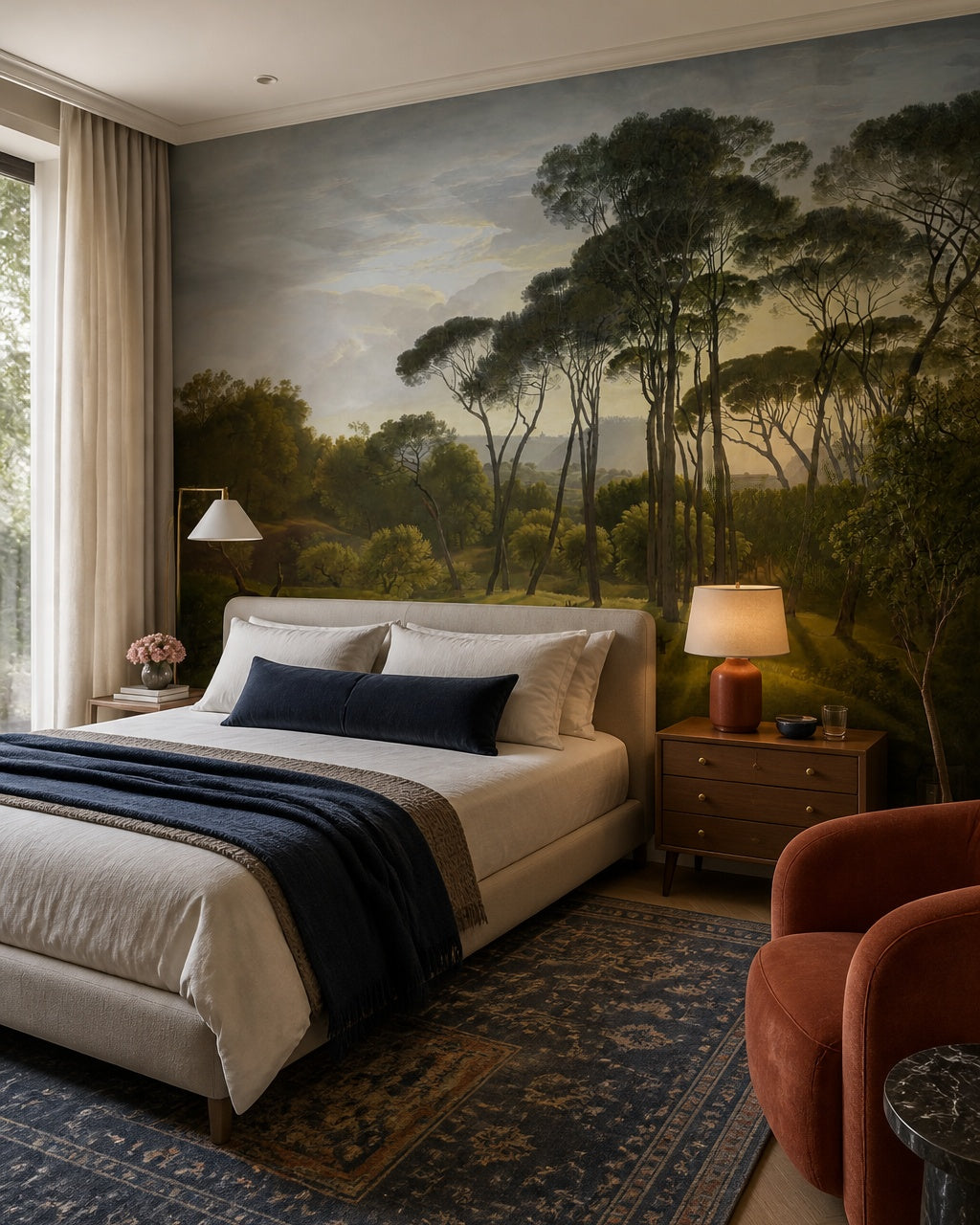 Umbrella pines landscape wallpaper in a designer bedroom.