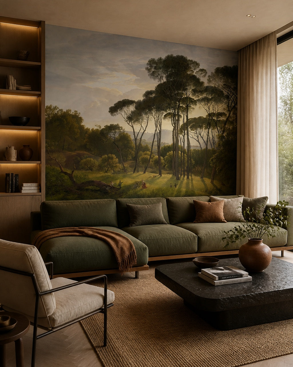 Umbrella pines landscape wallpaper in a designer living room.