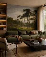 Umbrella pines landscape wallpaper in a designer living room.