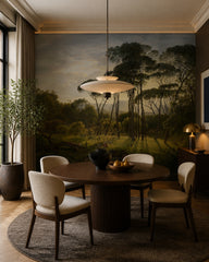 Umbrella pines landscape wallpaper in a refined dining area.