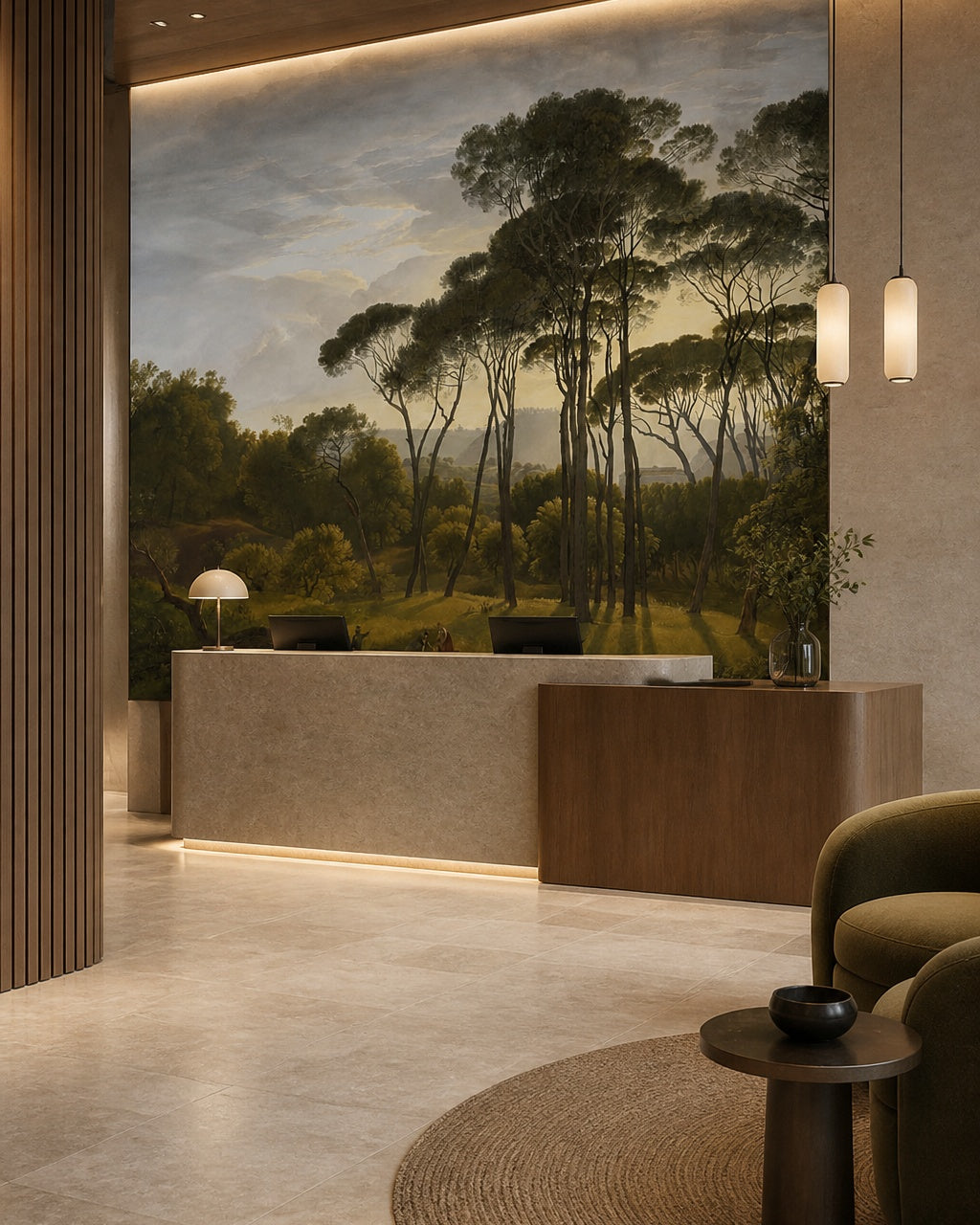 Umbrella pines landscape wallpaper at a hotel reception desk.