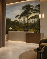 Umbrella pines landscape wallpaper at a hotel reception desk.