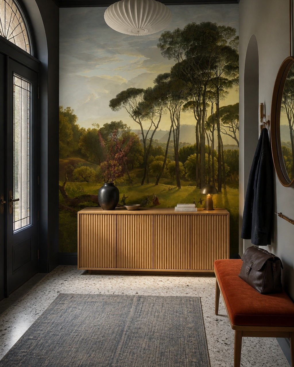 Umbrella pines landscape wallpaper in a designer entrance hall.