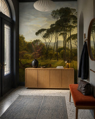 Umbrella pines landscape wallpaper in a designer entrance hall.