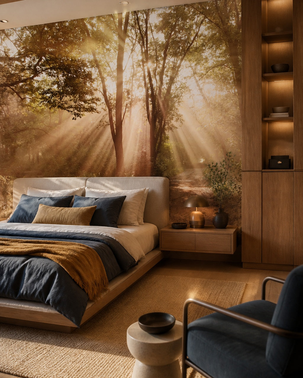 Sunlit forest path wallpaper in a designer bedroom.