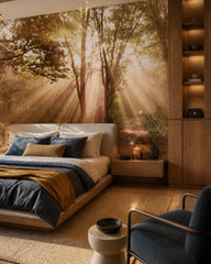 Sunlit forest path wallpaper in a designer bedroom.