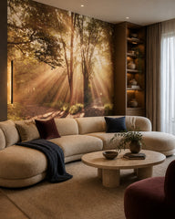 Sunlit forest path wallpaper in a designer living room.