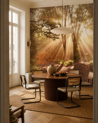 Sunlit forest path wallpaper in a refined dining area.