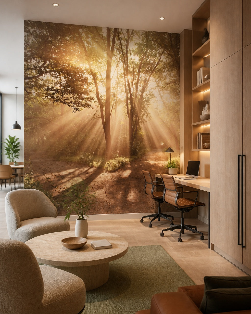 Sunlit forest path wallpaper in a creative office lounge.
