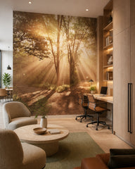 Sunlit forest path wallpaper in a creative office lounge.