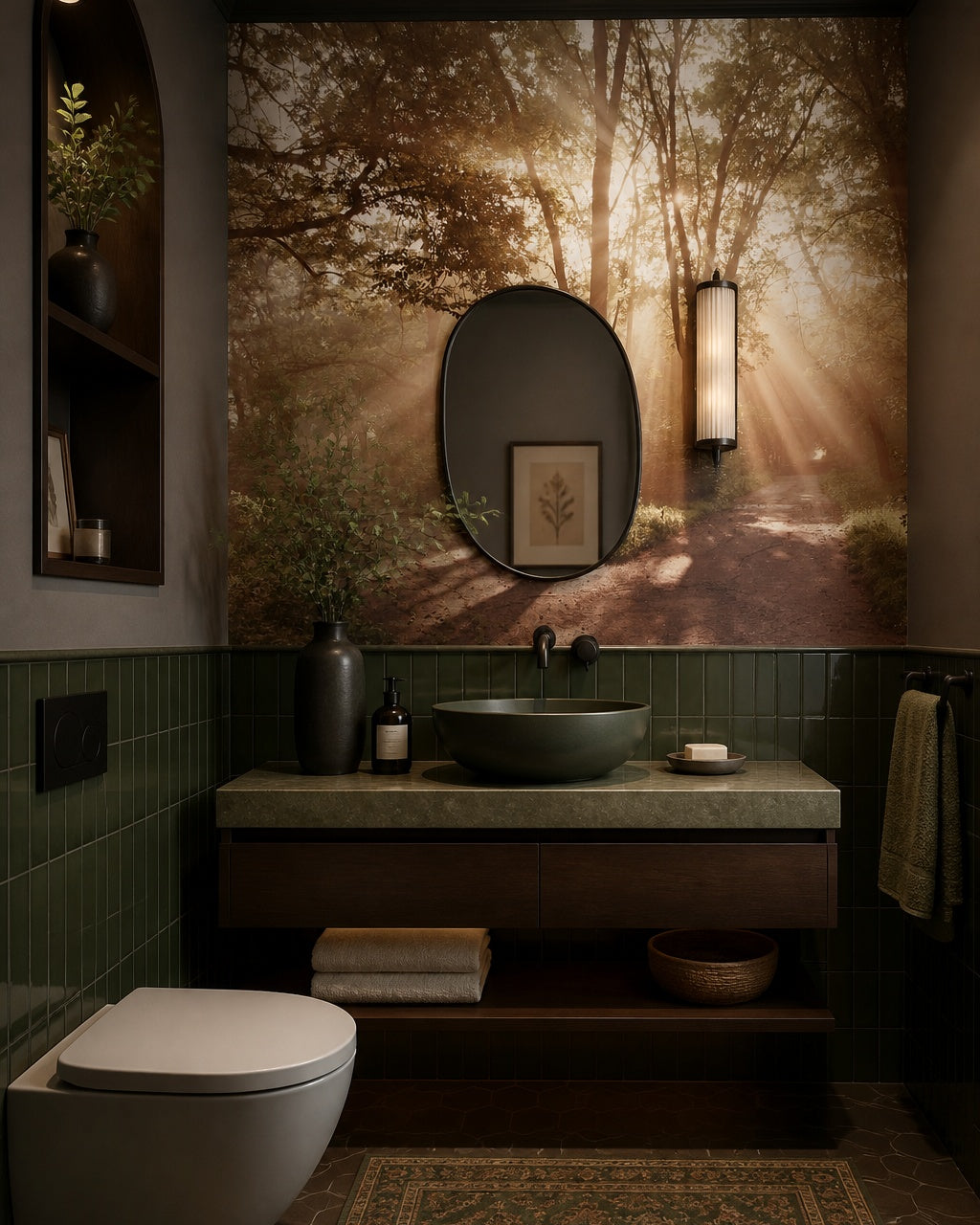 Sunlit forest path wallpaper in an elegant powder room.