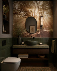 Sunlit forest path wallpaper in an elegant powder room.