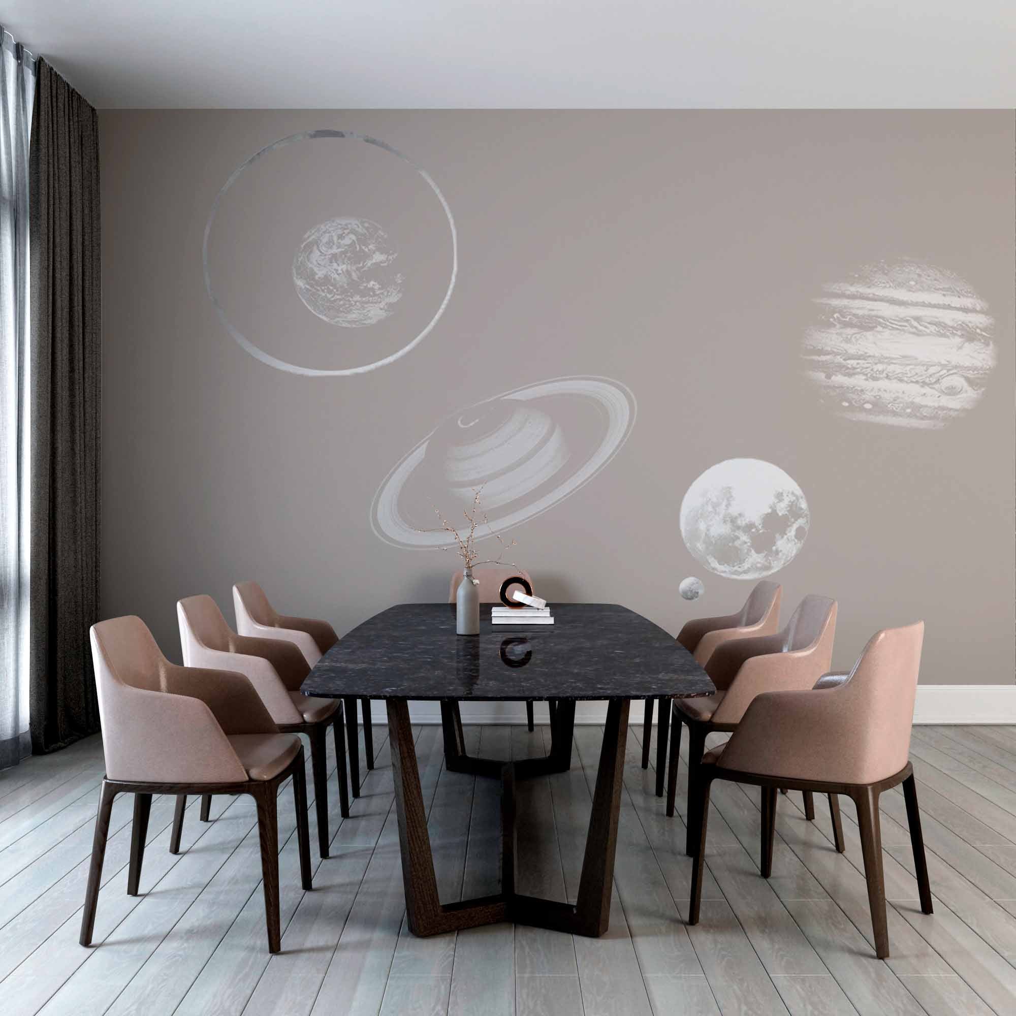 Minimalist Space Wall Mural Wallpaper with Planets and Rings