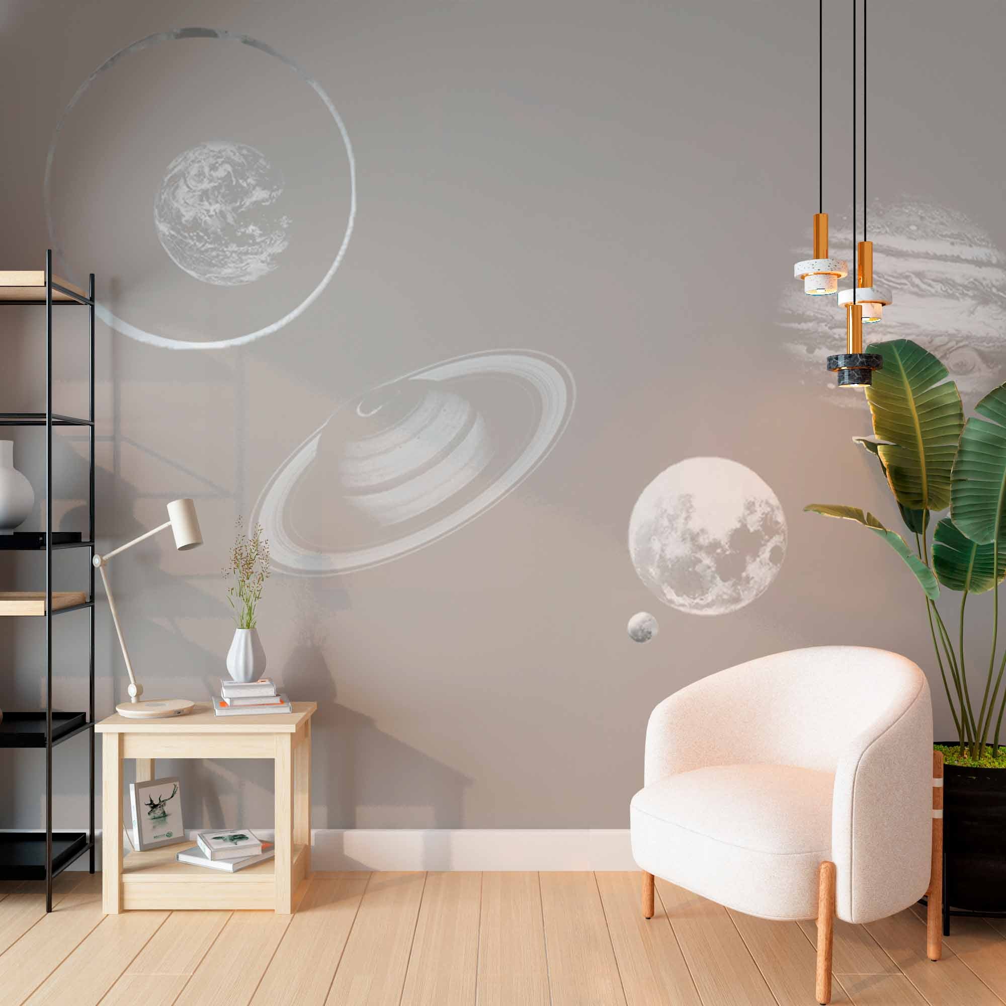 Minimalist Space Wall Mural Wallpaper with Planets and Rings