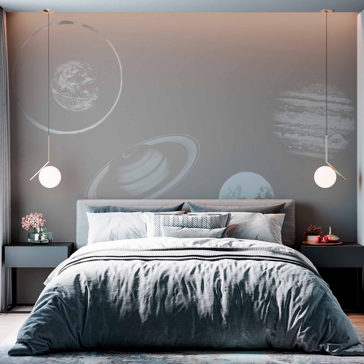 Custom Minimalist Space Wall Mural Wallpaper with Planets and Rings