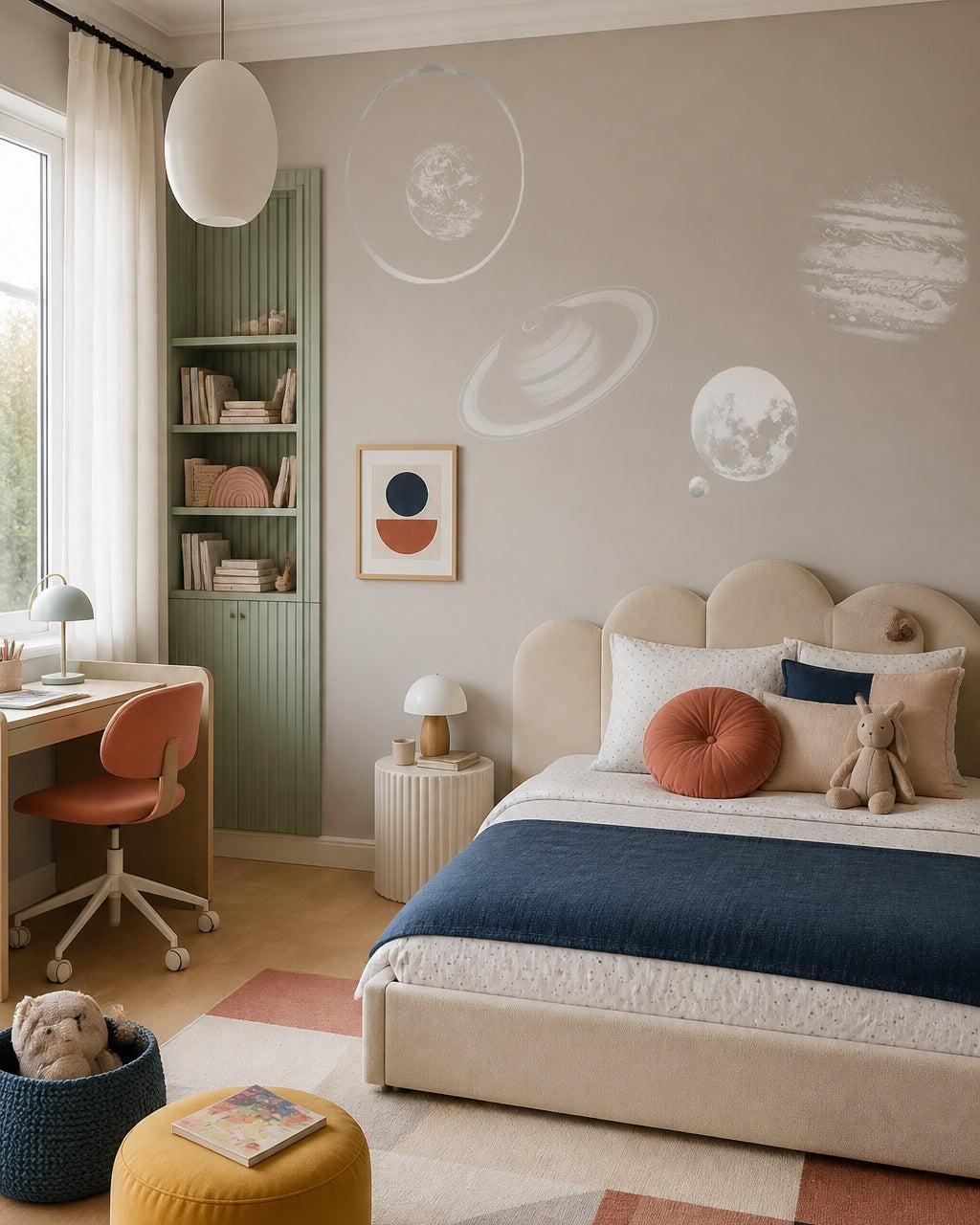 Minimalist planets wallpaper in a girl’s bedroom.