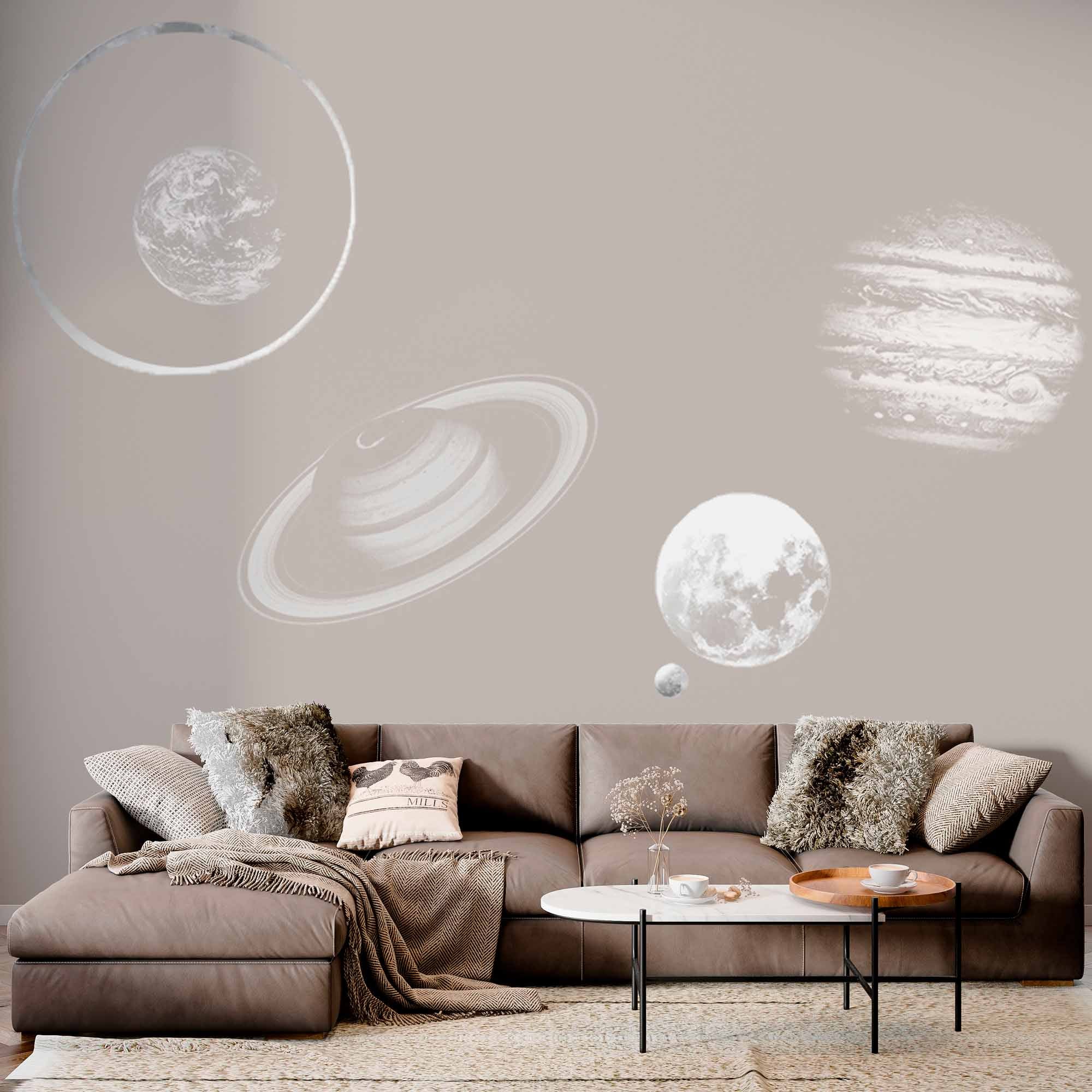 Minimalist Space Wall Mural Wallpaper with Planets and Rings