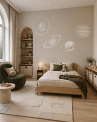 Minimalist planets wallpaper in a boy’s bedroom.