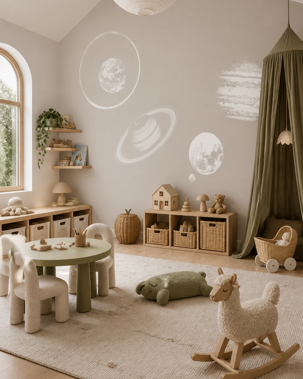 Minimalist planets wallpaper in a children’s playroom.
