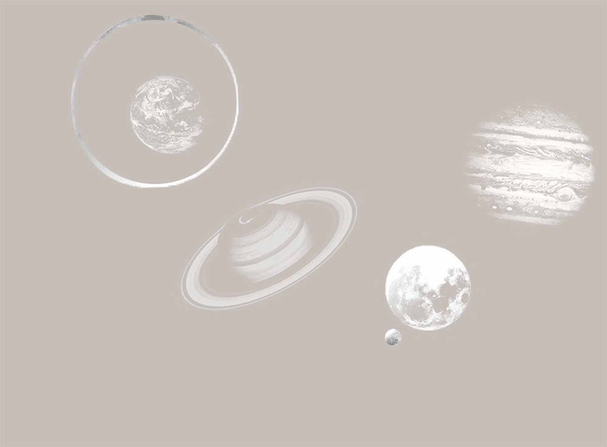 Papier peint planètes minimalistes – Papier peint panoramique espace taupe doux