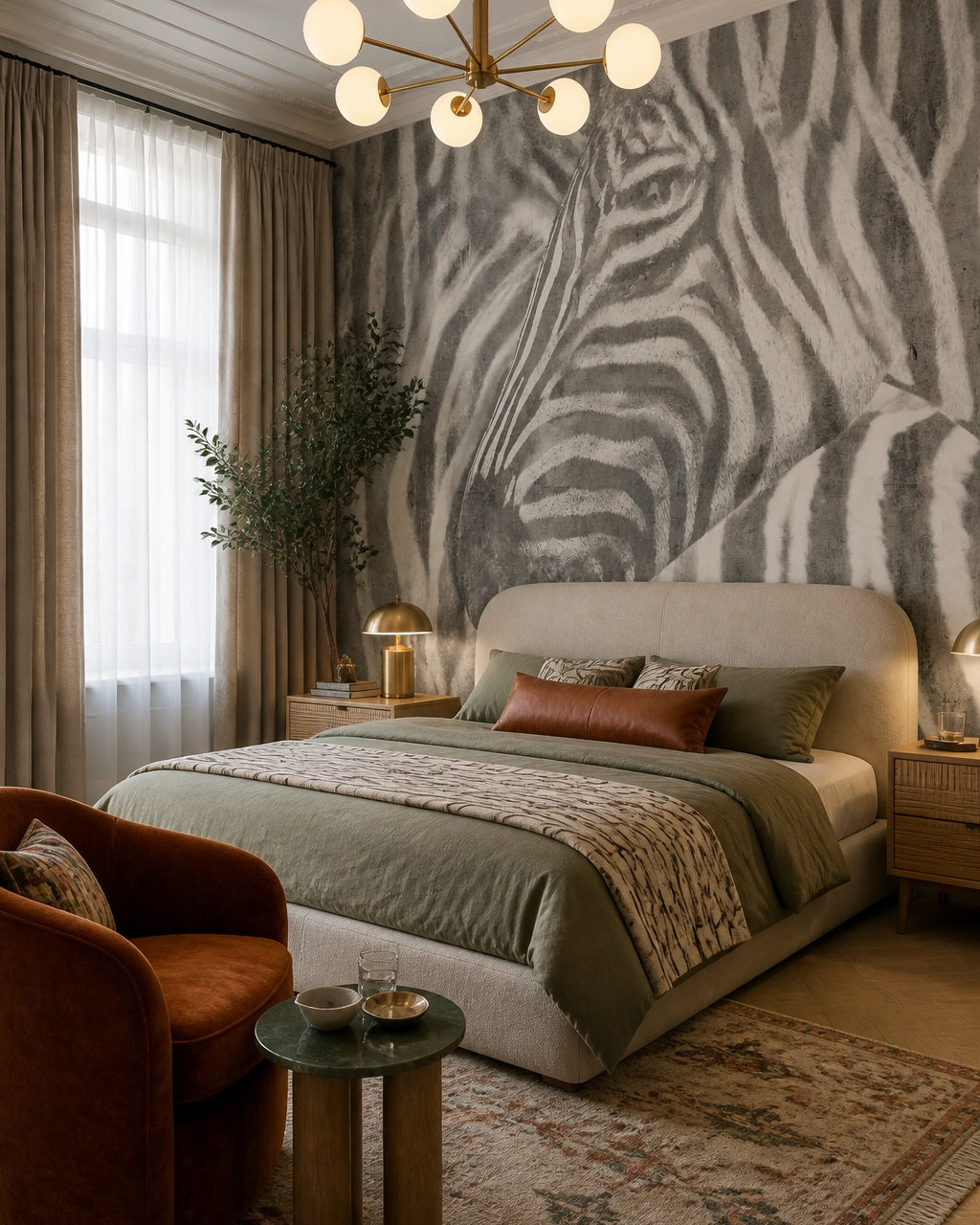 Zebra wallpaper in a designer bedroom.